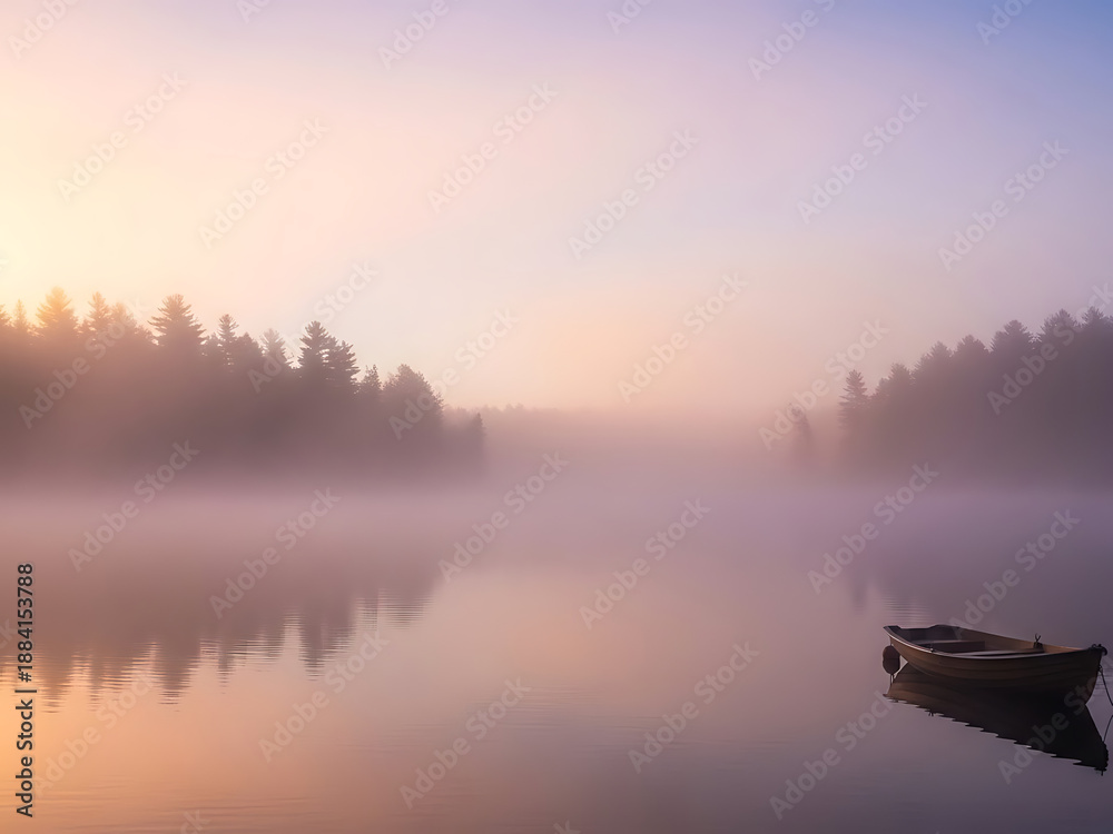 Obraz premium Serene Lake Scene with Small Boat at Dawn