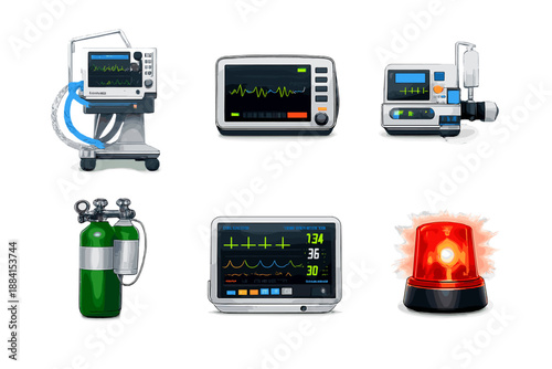 Medical Support Icons. Medical Life Support Systems: ventilator, heart monitor, infusion pump, oxygen tank, vital signs screen, emergency alert