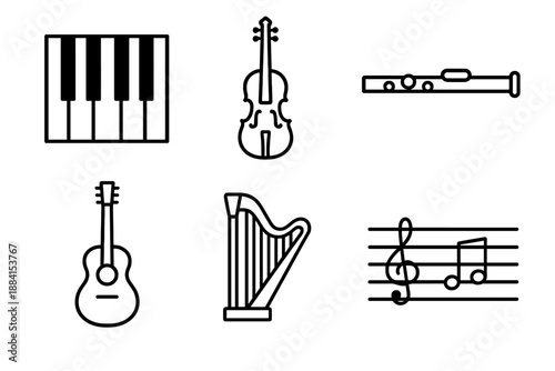Musical Instrument Icons. Instrumental melodyset in outline vector style piano keys, violin silhouette, flute, acoustic guitar, harp strings, musical scale