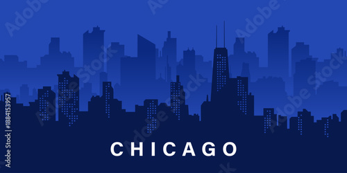 Chicago Skyline Dark Blue Silhouette Vector Illustration with city building background