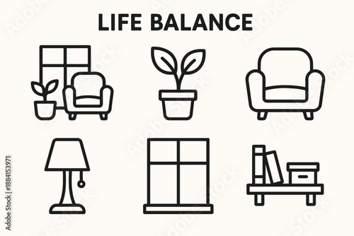 Cozy Home Icons. Life Balance environment set in outline vector style: cozy home corner, window light, plant pot, soft chair, warm lamp, tidy shelf