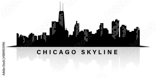 Chicago Skyline Black Silhouette Vector Illustration with Reflection