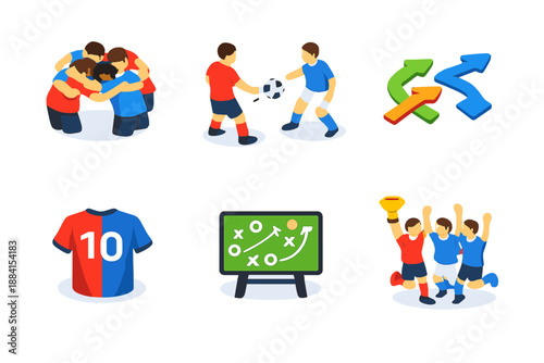 Sports Team Isometric Icons. Sports teamwork set in isometric flat vector : team huddle, passing ball, coordinated movement arrows, team jersey, match strategy board, victory cheer
