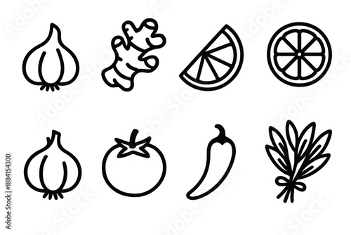 Seasonal Flavor Icons. Flavoring Fresh Ingredients set in outline vector style : garlic clove, ginger root, lemon wedge, lime slice, onion bulb, tomato, chili pepper, fresh herb bundle
