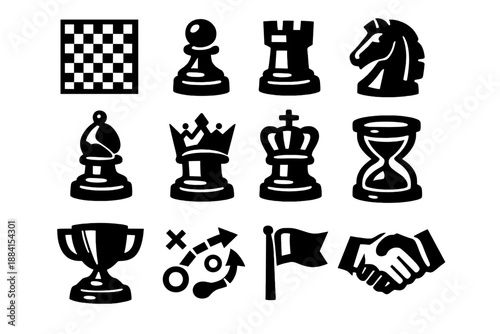 Bold Chess Icons. Chess Board icon set in silhouette bold style. Contain chessboard, pawn, rook, knight, bishop, queen, king, hourglass, trophy, strategy diagram, flag, handshake