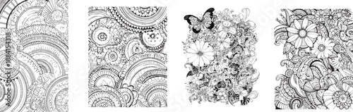 Intricate Doodle Art Collection: A collection of four black and white illustrations featuring elaborate patterns and natural elements, each a canvas of creativity and detail. 