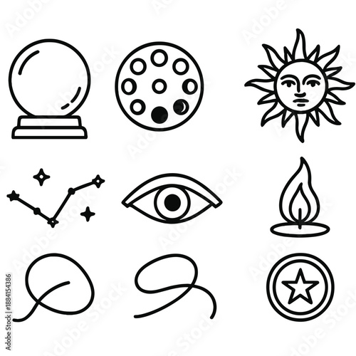 Mystic Icons Collection. Mystic Fortune set in outline vector style: crystal sphere, moon phase disk, tarot-style sun icon, guiding flame, constellation arc,