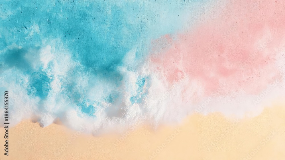 Fototapeta premium Blue and pink powder clouds drift over a pale beige sandy surface. Concept Powder Clouds, Pastel Palette, Sandy Beach Scene, Color Powder Art, Soft Lighting