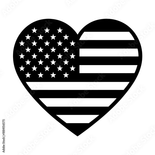 Striking Monochrome American Flag Heart Design: A powerful symbol of patriotism and love for country, rendered in elegant black and white grayscale, perfect for minimalist expressions of national