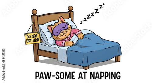 Obraz na płótnie A 'paw-some' cartoon cat enjoys a deep nap in bed with a 'do not disturb' sign