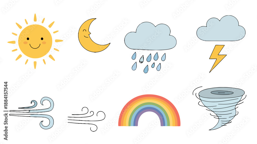 Fototapeta premium Cute handdrawn weather icons set featuring smiling sun crescent moon clouds rain lightning wind rainbow and tornado.