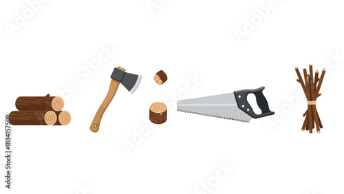 Cartoon style wood processing set stacked logs sharp axe hand saw cut wood pieces and bundled sticks.