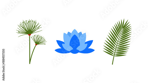 Collection of Stylized Botanical Illustrations Blue Lotus Papyrus and Palm Leaf.
