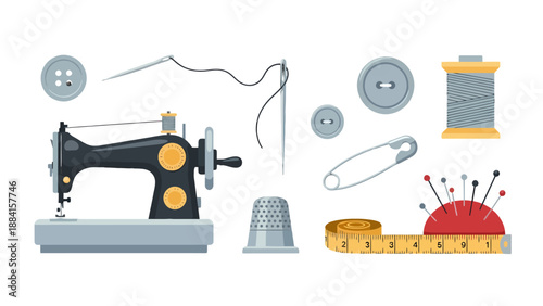 Classic sewing machine with various tailoring tools buttons needles thread thimble safety pin measuring tape and pincushion.