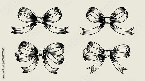 Crayon bows set. Coquette style ribbons and bows striped and plaid, aesthetic vintage elegant cliparts. Hand drawn pencil art decor, bowknots for girly, birthday, gift, wedding. Vector illustration