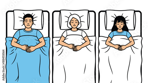 An illustration of three people sleeping peacefully in their beds at night