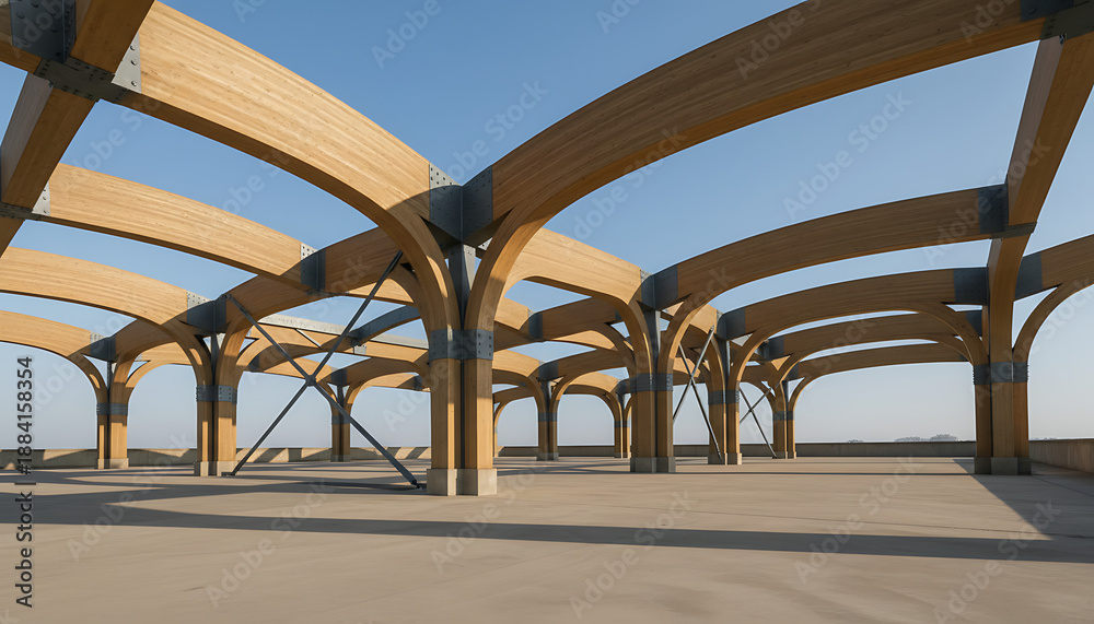Fototapeta premium Modern sustainable architecture featuring curved glued-laminated timber beams and steel connectors under a clear blue sky