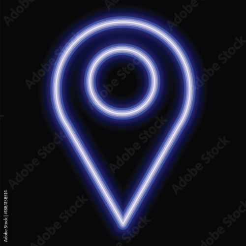 Striking blue neon location pin icon glows brightly against a deep black background graphic