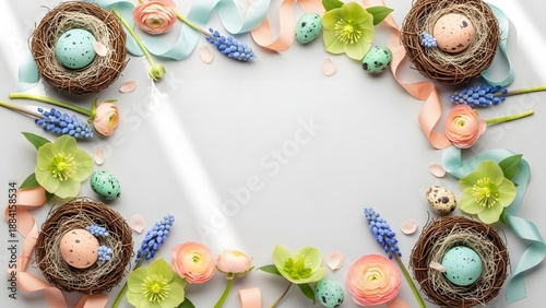 Elegant Easter Flat Lay Background with Spring Flowers, Nests, and Ribbon Frame