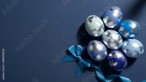 Sophisticated Dark Blue Easter Flat Lay: Textured Eggs, Ribbon, and Minimalist Copy Space
