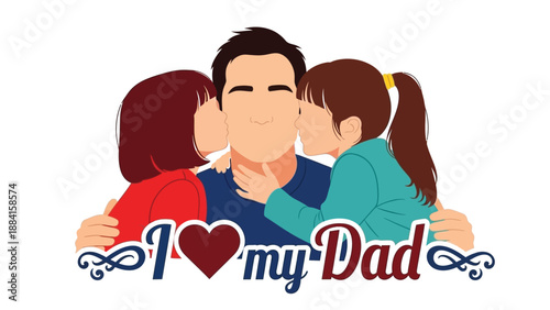 A cartoon illustration of a happy father with two daughters.