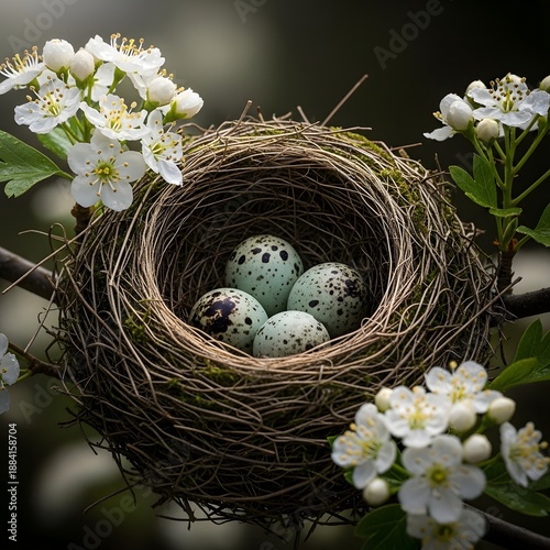Natural Bird's Nest with Speckled Eggs in a White Blossoming Tree Branch