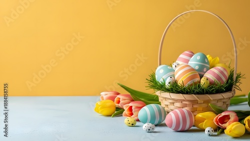 Cheerful Easter Basket: Colorful Patterned Eggs on Blue Wooden Table with Yellow Background and Copy Space