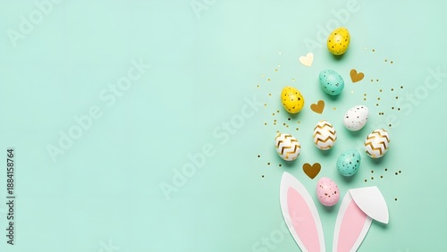 Playful Easter Composition: Bunny Ears and Gold-Accented Eggs on Mint Green Surface