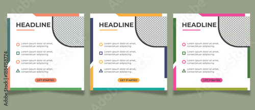Social media post templates with headline and placeholder image, square banner set for promotion, colorful abstract shapes and get started button
