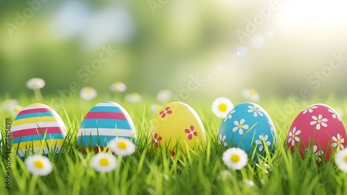 Vibrant Decorated Easter Eggs Nestled in a Sunlit Spring Meadow with Daisies