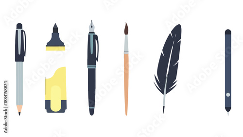 Stylized flat design illustration of essential writing and drawing tools pencil highlighter fountain pen paintbrush quill stylus.