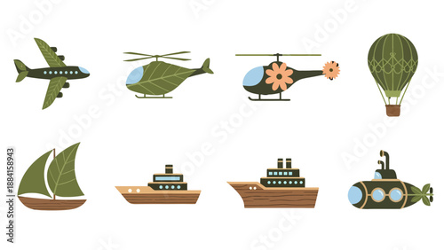 Stylized EcoTransport Green LeafTextured Airplane Helicopters Boats Submarine Hot Air Balloon.