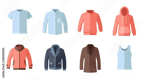 Stylized mens clothing collection tshirt shirt hoodies jackets coat tank top in various colors.