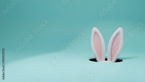 Minimalist 3D Render of White Rabbit Ears Peeking from a Pastel Blue Hole