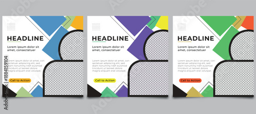 Set of three square social media post templates featuring geometric shapes and image placeholder with bright color options