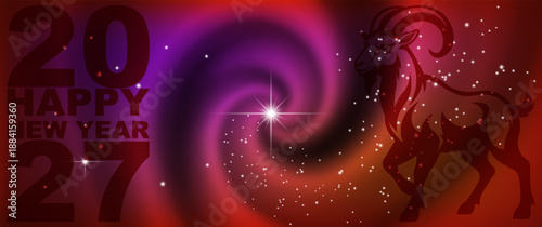 Vector festive wide space banner. Happy New Year of the Goat 2027. Spiral galaxy with stars. Zodiac. Abstract futuristic poster. Universe and horoscope.