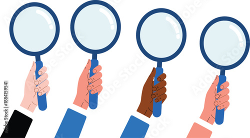 Set of diverse hands holding magnifying glasses for search discovery investigation research analysis and finding solutions in a flat vector illustration.