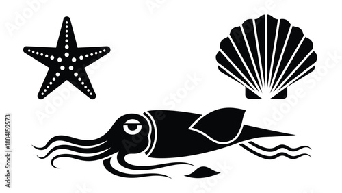 A black and white illustration of ocean creatures on a plain background