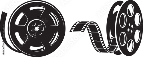 Black and white illustration showcasing vintage film reels and unwinding cinematic movie strip tape