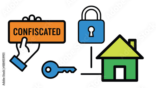 A graphic illustration of a house with a padlock and confiscated sign