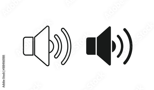 Black and white speaker icons with sound waves on a pure
