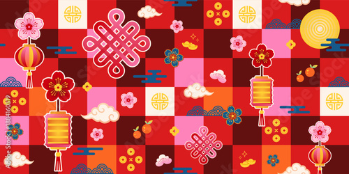Chinese New Year Seamless Pattern with Lanterns, Flowers and Traditional Symbols Vector