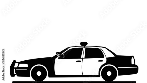 A black and white police car vector graphic with a simple design