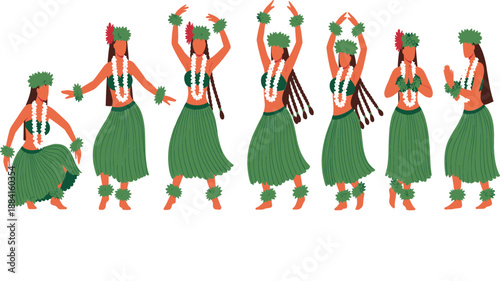 Set of beautiful female hula dancers in traditional green grass skirts and flower leis performing diverse graceful Hawaiian dance movements.
