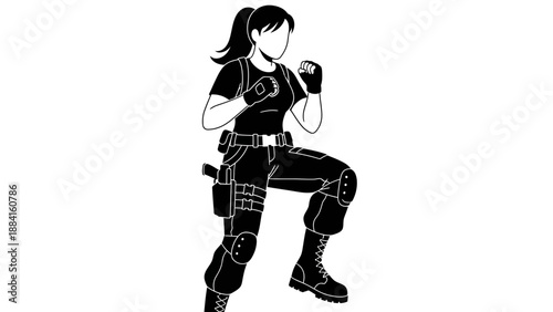 A strong woman in a fighting stance with her fists up in a black and white vector illustration