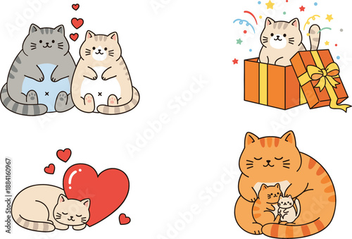 Set of cute kawaii cat vector illustrations featuring cats in love, a kitten in a gift box, and a mother cat with kittens isolated on white background.