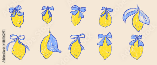Hand-drawn lemons set illustration set with crayon texture and bows. Vibrant citrus fruit doodles featuring leaves and coquette blue ribbon. Vector lemons scribble hand drawn isolated on beige bg.