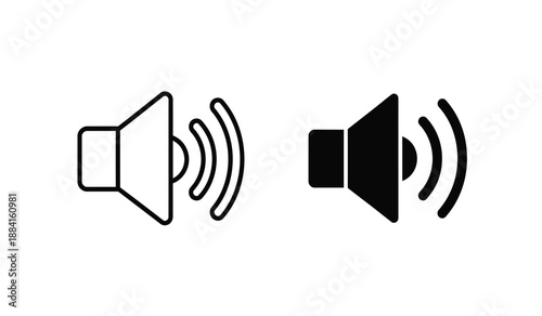 Black and white speaker icons with sound waves on a pure