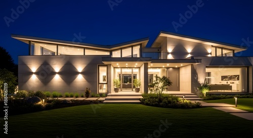 Elegant Modern Villa Exterior with Landscape Lighting