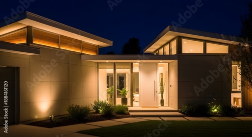 Minimalist Modern Home Entrance with Soft Night Lighting